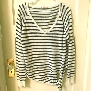 Navy/White Striped V-neck with tie bottom